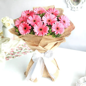 10 Pink Gerberas Hand Bouquet - Carnations Florist Malaysia