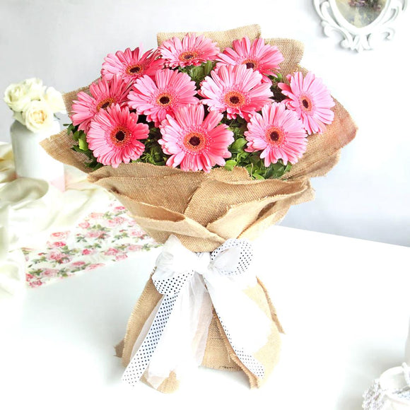 10 Pink Gerberas Hand Bouquet - Carnations Florist Malaysia