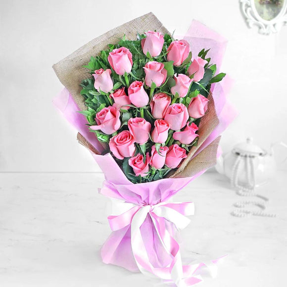 20 Pink Roses Hand Bouquet - Carnations Florist Malaysia