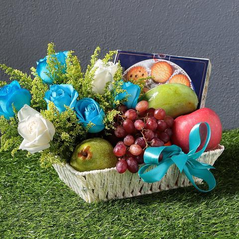 Fruits Basket With Blue Roses - Carnations Florist Malaysia