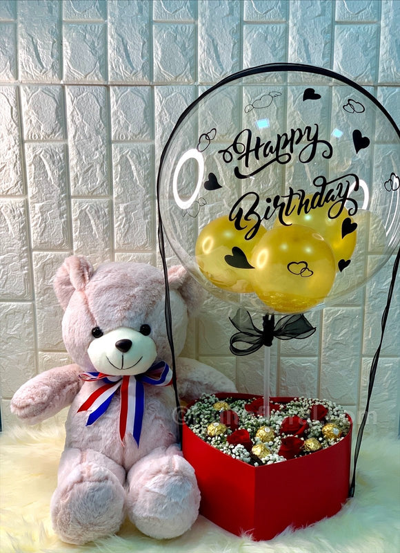 Birthday Balloon with Roses, Choc and Bear - Carnations Florist Malaysia