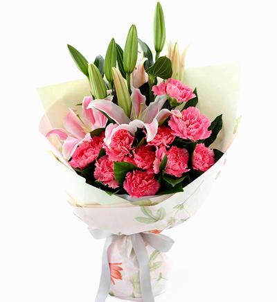 Lilies and Pink Carnations Hand Bouquet - Carnations Florist Malaysia