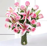 Lilies and Pink Roses in Vase - Carnations Florist Malaysia