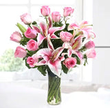 Lilies and Pink Roses in Vase - Carnations Florist Malaysia