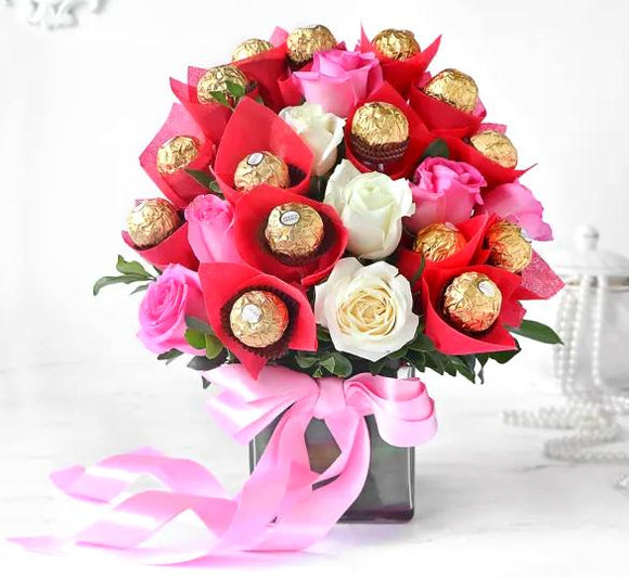 Roses and Choc in Vase - Carnations Florist Malaysia